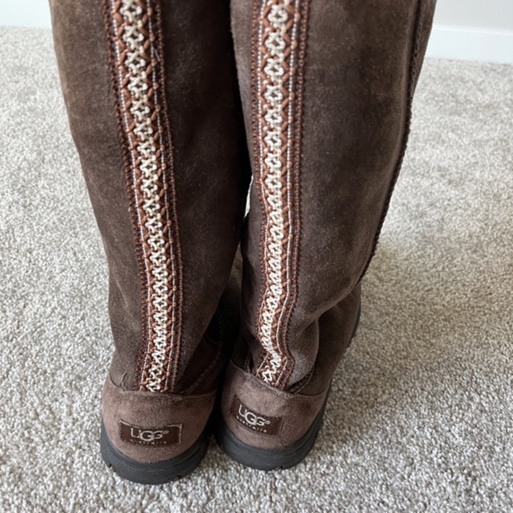 UGG Tall Brown Suede Boots with Embroidered Back Trim